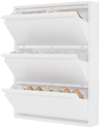 Garvee Slim Metal Shoe Cabinet with 3 Flip Drawers for Entryway, White | Narrow Shoe Storage, Wall Mounted or Floor Standing, Detachable Bottom Corners for Flexible Placement, Anti-Tip Wall Mount