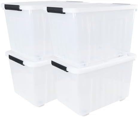 Clear Plastic Storage Bins With Wheels, 50 L, 4-Pack | Stackable Large Rolling Tote Containers, Clear Lids for Closet, Garage, Dorm, Laundry Room Organization