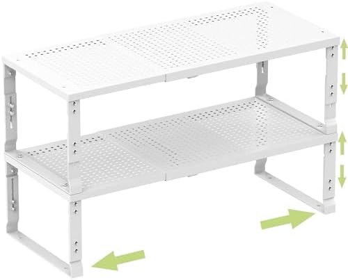 Heavy-Duty Adjustable Metal Shelf Organizer - Expandable & Stackable Pantry Storage Rack for Kitchen, Bathroom, RV, Cabinets(2 Packs/White, Medium)