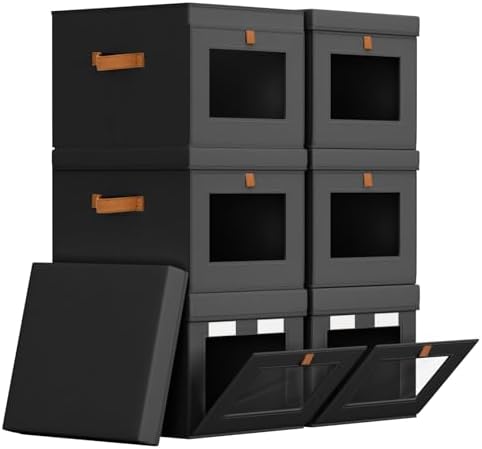 Homsorout Storage Bins with Lid – Closet Organizer with Side Opening and Clear Window, Foldable Stackable Fabric Basket for Clothes, Home, Office - 13.77" x 11.8" x 9.8", 6 Pack, Black
