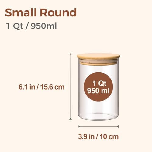 ComSaf Glass Storage Containers with Lids 1 Qt, Set of 6 Food Storage Jars | Glass Jars with Bamboo Lids, Kitchen Canisters, Pantry Organizers, Tea, Oat, Spice, Coffee, Dry Food Storage, Round, BPA Free