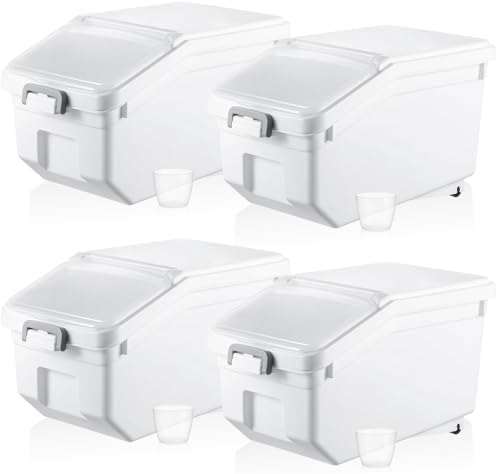 Sunnyray 4 Pcs Rice Storage Containers Bulk Flour Sugar Container Wheels Measuring Cups Set Airtight Pet Dog Cat Birds Food Bin Grain Cereal Organizer Box for Dry Baking(White,22 lb)