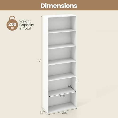 Giantex 6-Tier Bookcase, 70" Tall Wooden Bookshelf, Freestanding Storage Organizer w/Open Shelves, Anti-Tipping Kits, Modern Floor Standing Display Shelves for Living Room, Bedroom (1,White)