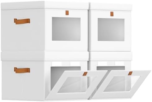 Homsorout Storage Bins with Lid – Closet Organizer with Side Opening and Clear Window, Foldable Stackable Fabric Basket for Clothes, Home, Office - 13.77" x 11.8" x 9.8", 4 Pack, White