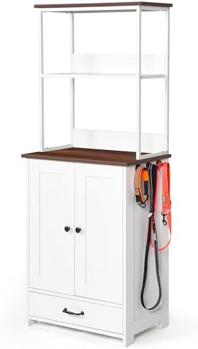 Pet Feeding Station Cabinet with Pull Out Bowls, Adjustable Shelves, Elevated Dog Cat Feeder, Storage Organizer, Side Hooks, Anti Tip Wall Anchor, Hidden Drawer, Leash Holder, Home Furniture