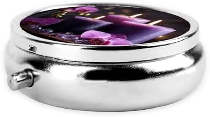 Pill Box 3 Compartment Medicine Pill Case for Pocket or Purse Mini Metal Pillcase Purple Flowers and Candles Pill Holder Vitamin Organizer Portable Travel Pills Container to Hold Supplements Vitamins