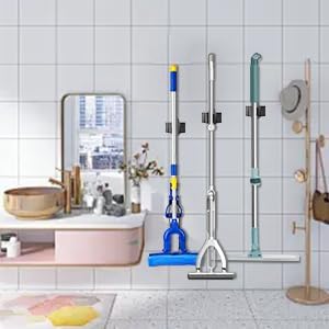 3-H Broom Holder Wall Mount 4 Pack, Heavy Duty Stainless Steel Mop and Broom Organizer Clips, Strong Grip Wall Mount Holders for Garage, Garden, Laundry Room & Utility Closet, Matte Black