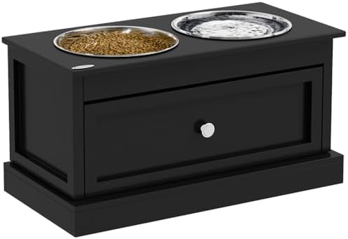 Elevated Dog Feeder Stand with Storage Drawer, Raised Pet Food Bowl Station for Large Dogs, Black MDF Frame with Stainless Steel Bowls