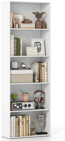 GIANTEX 5-Tier Bookshelf, Freestanding Tall Bookcase with 5 Open Compartments, Modern Storage Organizer, Display Shelving Unit for Living Room, Bedroom, Home Office, White