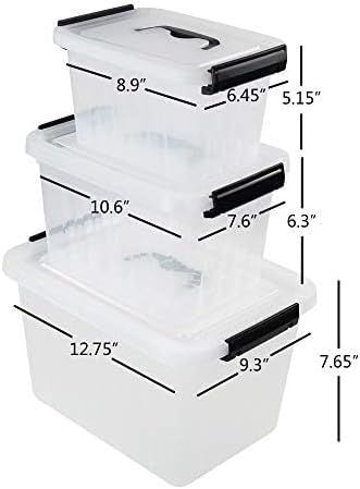 Farmoon 3 Packs Clear Lidded Storage Bin, Storage Container Box with Handle