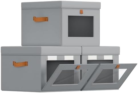 Homsorout Storage Bins with Lid – Closet Organizer with Side Opening and Clear Window, Foldable Stackable Fabric Basket for Clothes, Home, Office - 13.77" x 11.8" x 9.8", 3 Pack, Grey