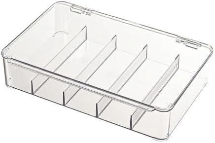 Clear Stackable Storage Box with Dividers, Flip-Top Organizer for Desk, Drawer, and Shelf - Transparent PET Plastic Bin (1 Pack)
