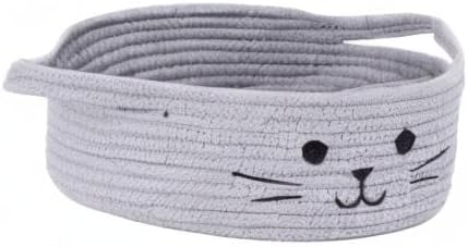 Small Woven Rope Cat Toy Basket with Cat Face Design, Grey | 9.8" x 4" Cute Toy Storage Bin for Living Room & Nursery, Pet Gift Basket Empty with Sturdy Handles