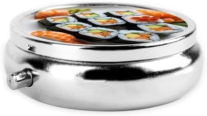 ZhongGuo Delicious Sushi Printed Pill Organizer,Round Travel Pill Organizer Mini Medicine Pill Box for Purse Iron Plating