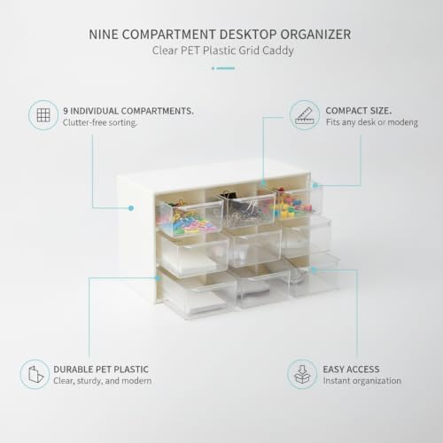 Desktop & Drawer Organizer for Small Items, 9-Compartment Clear PET Storage Caddy with Sliding Drawers (White)