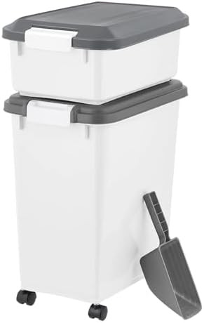 Airtight Pet Food Storage Container with Wheels and Scoop, Moisture-Proof Dog Cat Food Bin, Easy-Moving Kitchen Pantry Organizer (30 Lbs. + 11 Lbs.)