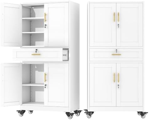 74" Metal Garage Storage Cabinet with Wheels and Locking Doors