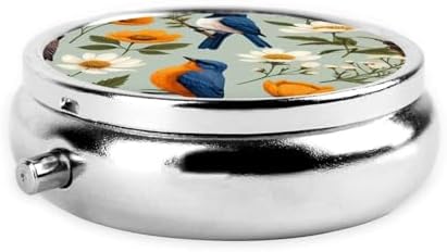 Garden Blossoming Wildflowers Birds Leaves Branches Printed Pill Organizer,Round Travel Pill Organizer Mini Medicine Pill Box for Purse Iron Plating