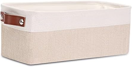DULLEMELO Fabric Bathroom Storage Bin with Leather Handles, Narrow Organizer for Towels, Toilet Paper Rolls, Storage Basket for Back of Toilet, Vanities, Shelves & Cabinets (White&Khaki)