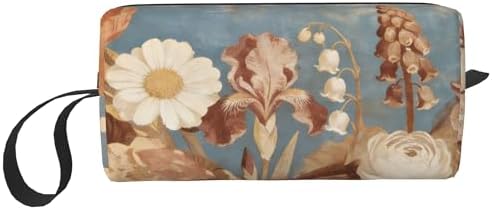 Vintage Blue Floral Garden Makeup Bag for Women with Wrist Strap | Durable 600D Oxford Fabric Cosmetic Organizer,Compact Travel Pouch with Handle for Gym & Daily Use