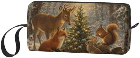 Woodland Christmas Gathering Makeup Bag for Women, Cosmetic Pouch | Double-Sided Woodland Christmas Cosmetic Organizer with Foam Padding for Women, Travel, Gym, School, and Daily Storage