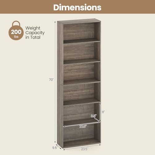 GIANTEX 6-Tier Bookcase Set of 2, 70" Tall Wooden Bookshelf, Freestanding Storage Organizer w/Open Shelves, Anti-Tipping Kits, Modern Floor Standing Display Shelves for Living Room,Grey