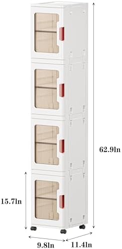 4-Tier Slim Tall Bathroom Storage Cabinet，Narrow Bathroom Storage Cabinet with Transparent Doors and Shelves, Suitable for Small Spaces, Bathrooms, Kitchens, Laundry Rooms,White (9.8x11.4x62.9)