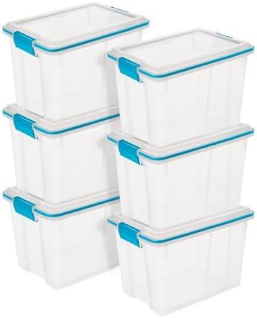 Sterilite Gasket Storage Box with Lids for Home & Office, 20 Quart, 6-Pack. | Heavy-Duty, Stackable, and Organizing Containers for Bathroom, Cabinet, Closet, and Garage, Clear and Blue Aquarium Latches