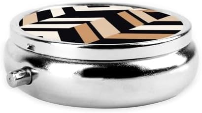 ZhongGuo Black White Tan Zigzag Printed Pill Organizer,Round Travel Pill Organizer Mini Medicine Pill Box for Purse Iron Plating