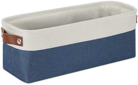 DULLEMELO Narrow Storage Basket,Toilet Paper Basket with Leather Handles for Back of Toilet, Vanities, Shelves & Cabinets (White&Blue-1 Pack)