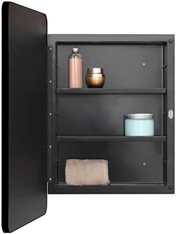 Plastic Black Medicine Cabinet 16x24 Beveled Mirror, Recessed/Surface Mount | Black Metal-Framed Bathroom Mirror Cabinet with 2 Adjustable Shelves, Reversible Door; Fully Assembled for Surface Mounting
