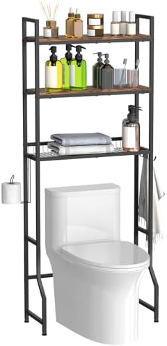 Over the Toilet Storage Cabinet Bathroom Storage Above Toilet | Over the Toilet Shelf, with Paper Holder and 4 Hooks, with Metal Frame, Space-Saving, Large Capacity Storage, Brown