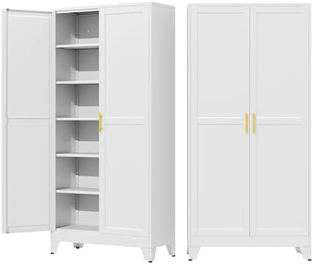 75" Metal Garage Storage Cabinet with 2 Doors and 5 Adjustable Shelves,Metal Storage Cabinets,Steel Tool Cabinets for Home,Office,Garage,Warehouse (White, 75''H x 36''W x 18''D)