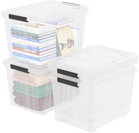 4-Pack Secure Latch, Clear Plastic Storage Organizer Bins, 70 L, Heavy-Duty Container Boxes with Lids for Home, Office, and Garage