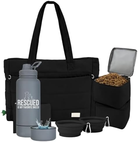Rubyloo Dog Mom Essentials Bundle - Puffer Tote with Storage Containers (Black) and 32 oz Water Bottle with Detachable Bowl (Rescued is My Favorite Breed) - Travel Bag and Hydration Set