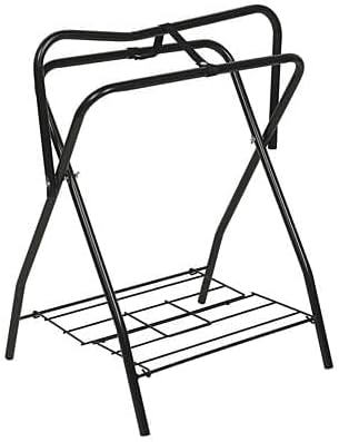 Jeffers Folding Western Saddle Rack – Black Metal Saddle Stand with Bottom Wire Storage Shelf, Compact & Portable Horse Tack Organizer for Barn, Stable, Trailer, Travel, or Home Use