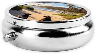 Dog Beach Palm Trees Printed Pill Organizer,Round Travel Pill Organizer Mini Medicine Pill Box for Purse Iron Plating