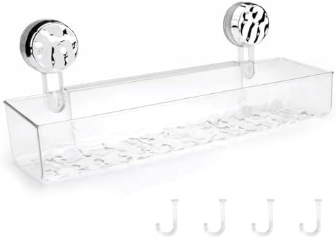 Huakaile 15''/38.2 CM Corrugated Suction Cup Storage Holder Shelf, Wall-Mounted Suction Shower Caddy with Drainage Holes & 4 Hooks No Drill Movable Rack Organizer for Bathroom Kitchen (Clear)