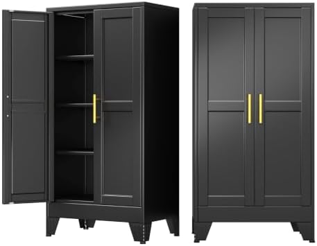 47" Metal Garage Storage Cabinet with 2 Doors and 3 Adjustable Shelves,Metal Storage Cabinets,Steel Tool Cabinets for Home,Office,Garage,Warehouse (Black, 47''H x 24''W x 12''D)