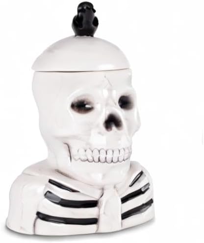 Dolomite Ceramic 12 x 8.5 Halloween Cookie & Candy Jar with Airtight Lid: Perfect for Kitchen Canisters, Pet Treat Containers & Fall Decorative Candy Dish, Skeleton with a Crow