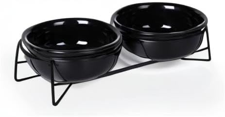 GDCZ Elevated 15 Oz Ceramic Double Cat Bowls with 11.6x2.5 Inch Stand (Black)