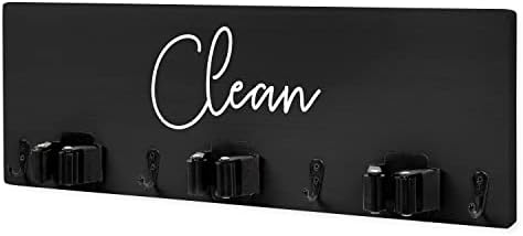 Ilyapa Mop and Broom Holder Wall Mount, Black Wall Hanging Wooden Brooms and Mops Organizer, Kitchen & Laundry Room Broom Hanger Organizer Storage Rack