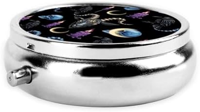 Travel Pill Case, Round Metal Organizer, Small Dispenser for Supplements, Pocket Purse Holder for Outdoor Adventures, Goth Raven Skull Goat