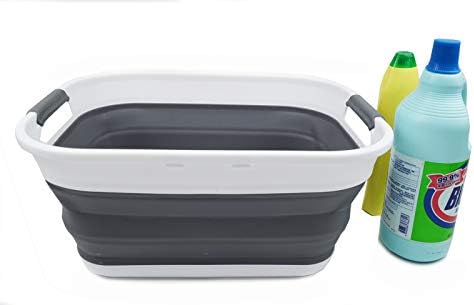 SAMMART 17.5L (4.6 Gallon) Small Collapsible/Foldable/Pop Up/Portable Washing Tub/Storage Basket, Water Capacity 13.5L/3.5 Gallon (1, White/Grey)