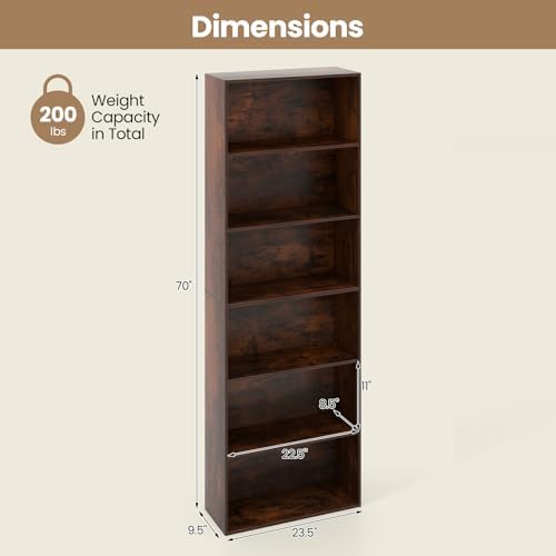 Giantex 6-Tier Bookcase, 70" Tall Wooden Bookshelf, Freestanding Storage Organizer w/Open Shelves, Anti-Tipping Kits, Modern Floor Standing Display Shelves for Living Room, Bedroom (1,Rustic Brown)