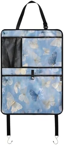 2 Pack Back Seat Car Organizer with Storage Pockets Kick Mats Back Seat Protector Hanging Car Organizer Automotive Seat Back Cover Organizers Sky Blue and White Butterflies