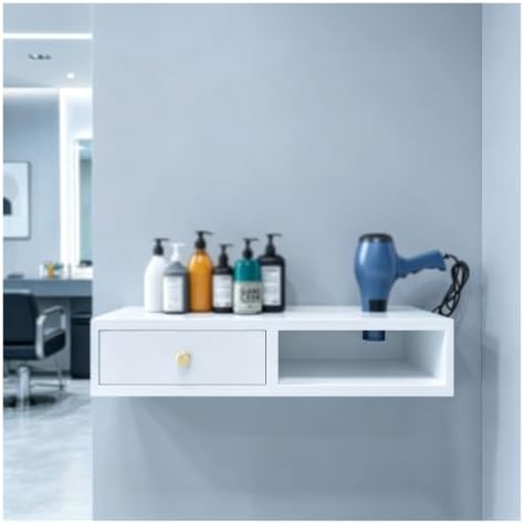 Hair Tool Organizer with Drawer, Wall Mounted Salon Stations for Hair Stylist, with 1 Hair Dryer Holders, Floating Makeup Vanity, Suitable for Multiple Scenarios(White,23.6x10.2x5.9in)