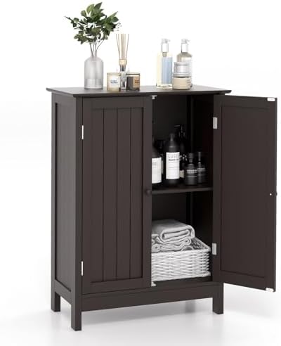 COSTWAY Bathroom Storage Cabinet, Freestanding Bathroom Organizers and Storage with Doors & Adjustable Shelf, Wooden Floor Cabinet for Home, Living Room, Entryway, Kitchen (Brown) | Storage with Doors & Adjustable Shelf, Wooden Floor Cabinet for Home, ...