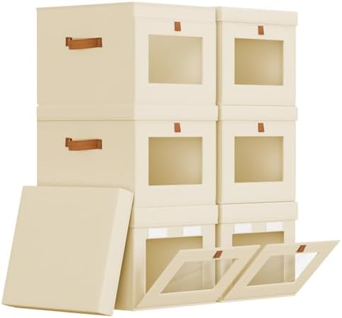 Homsorout Storage Bins with Lid – Closet Organizer with Side Opening and Clear Window, Foldable Stackable Fabric Basket for Clothes, Home, Office - 13.77" x 11.8" x 9.8", 6 Pack, Beige