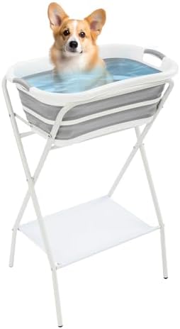 Dog Bathtub Washing Station for Small & Medium Dogs & Cats Indoor & Outdoor | Elevated Foldable Pet Bath Tub, Stand & Safety Belt, Bottom Storage Rack, Drain Plug & Brushes, Portable Raised Tub